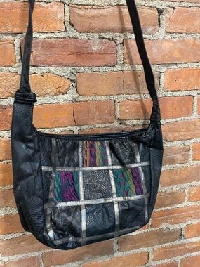 Vintage Park Ave Genuine Black Leather Shoulder Bag with Multicolor Patchwork